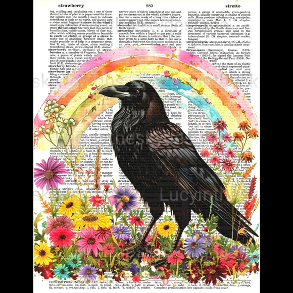 Raven Rainbows & Wildflowers Vintage Book Page Art Retro Nature Decor - Picture 2 of 4